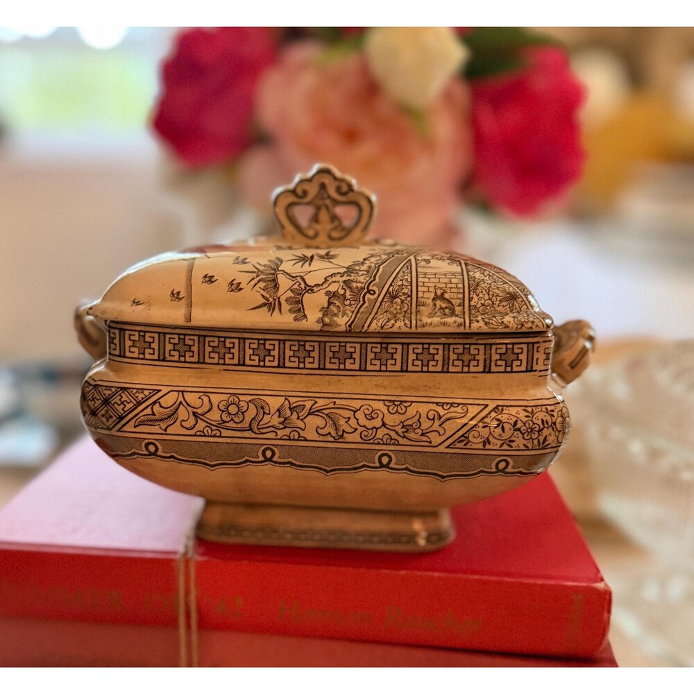 Antique Brown Transferware Tureen | Bamboo Birds Serving Dish